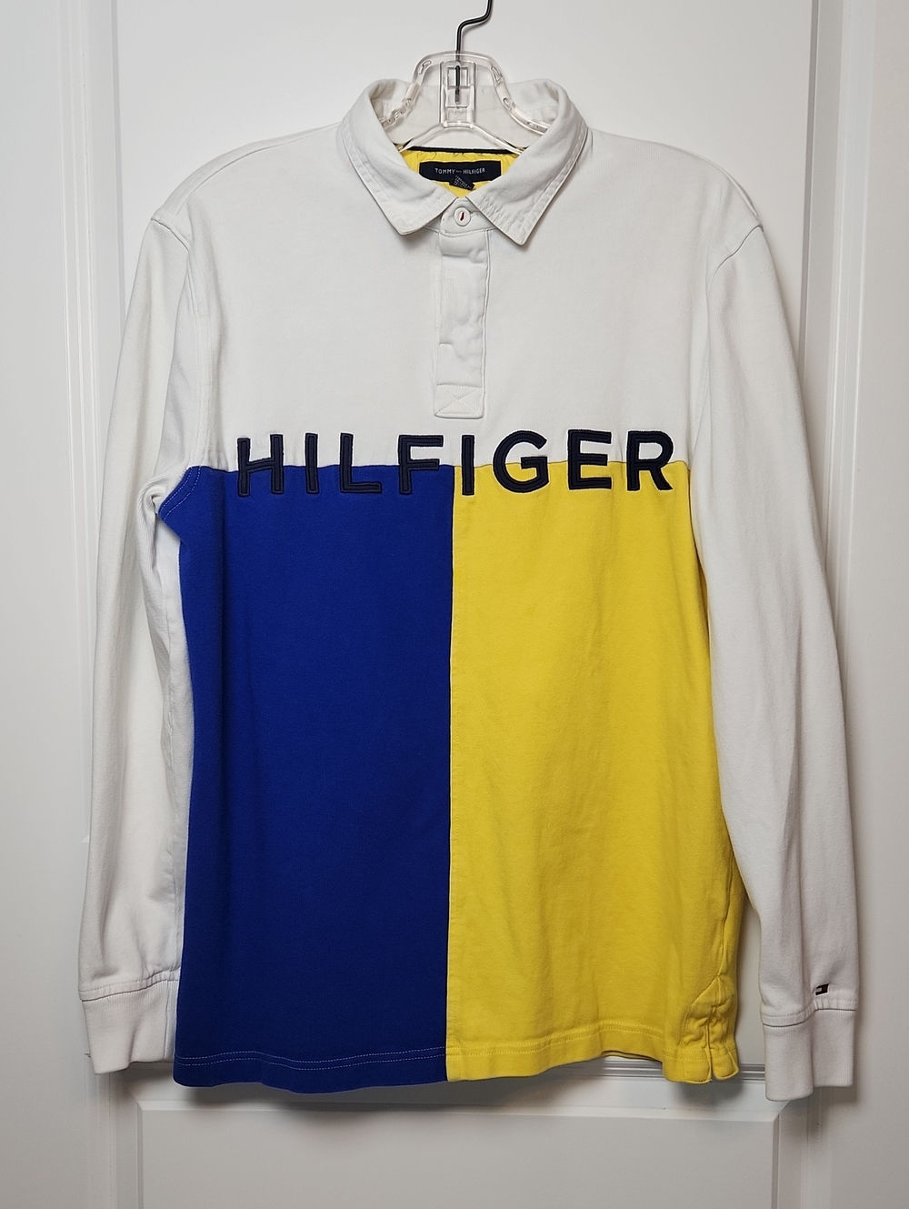 Tommy Hilfiger Blue Yellow And White Long Sleeve Colorblock Polo Size Medium